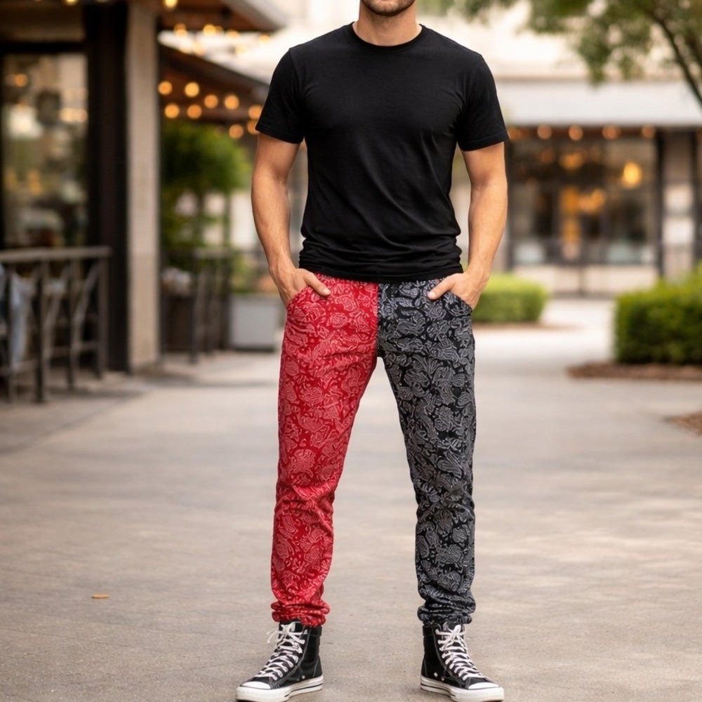 Valabasas Mens Paisley Print Slim‎ Fit Pants 32 Red Black Split Bandana Stretch